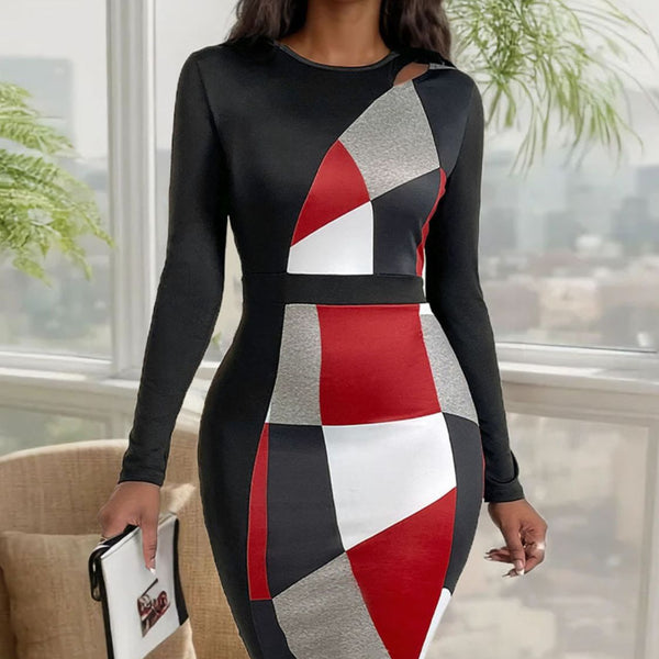 Cutout Color Block Round Neck Long Sleeve Dress