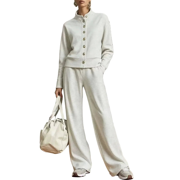Stand Collar Cardigan & Wide-Leg Pants Set
