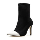 Women Sexy Stiletto Heel Color Block Elastic Suede Upper Mid Calf Boots