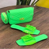 Neon Color Casual Transparent Flat Slippers And Mini PU Bag Set