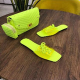 Neon Color Casual Transparent Flat Slippers And Mini PU Bag Set