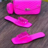 Neon Color Casual Transparent Flat Slippers And Mini PU Bag Set