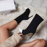 Women Sexy Stiletto Heel Color Block Elastic Suede Upper Mid Calf Boots