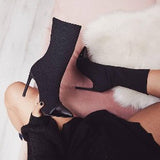 Women Sexy Stiletto Heel Color Block Elastic Suede Upper Mid Calf Boots