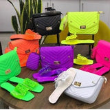 Neon Color Casual Transparent Flat Slippers And Mini PU Bag Set