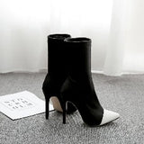Women Sexy Stiletto Heel Color Block Elastic Suede Upper Mid Calf Boots