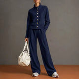 Stand Collar Cardigan & Wide-Leg Pants Set