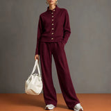 Stand Collar Cardigan & Wide-Leg Pants Set