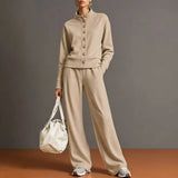 Stand Collar Cardigan & Wide-Leg Pants Set