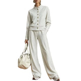 Stand Collar Cardigan & Wide-Leg Pants Set