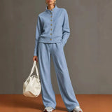 Stand Collar Cardigan & Wide-Leg Pants Set