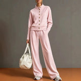 Stand Collar Cardigan & Wide-Leg Pants Set