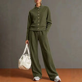 Stand Collar Cardigan & Wide-Leg Pants Set
