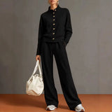 Stand Collar Cardigan & Wide-Leg Pants Set