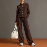 Stand Collar Cardigan & Wide-Leg Pants Set