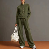 Stand Collar Cardigan & Wide-Leg Pants Set