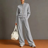 Stand Collar Cardigan & Wide-Leg Pants Set