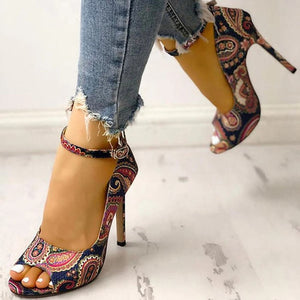 Women Fashion Paisley Pattern Peep-toe Heels