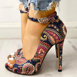 Women Fashion Paisley Pattern Peep-toe Heels