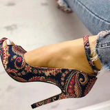 Women Fashion Paisley Pattern Peep-toe Heels