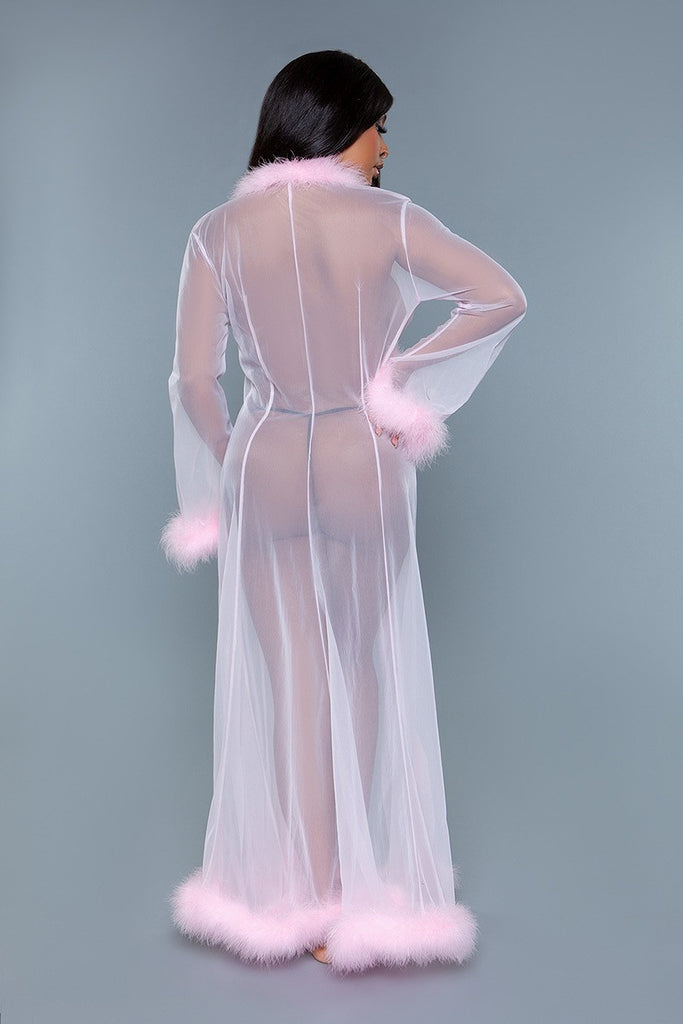 Full-length Sheer Robe With Marabou Feather Trim