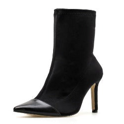 Women Sexy Stiletto Heel Color Block Elastic Suede Upper Mid Calf Boots
