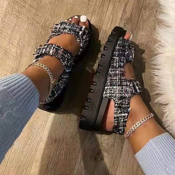 Summer Chic Tweed Upper Thick-Soled Platform Sandals